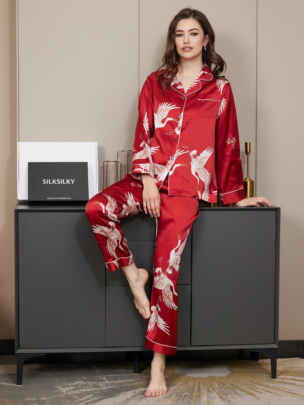 19Momme Ensemble Pyjama Long en Soie avec Imprimé Crane pour Femme