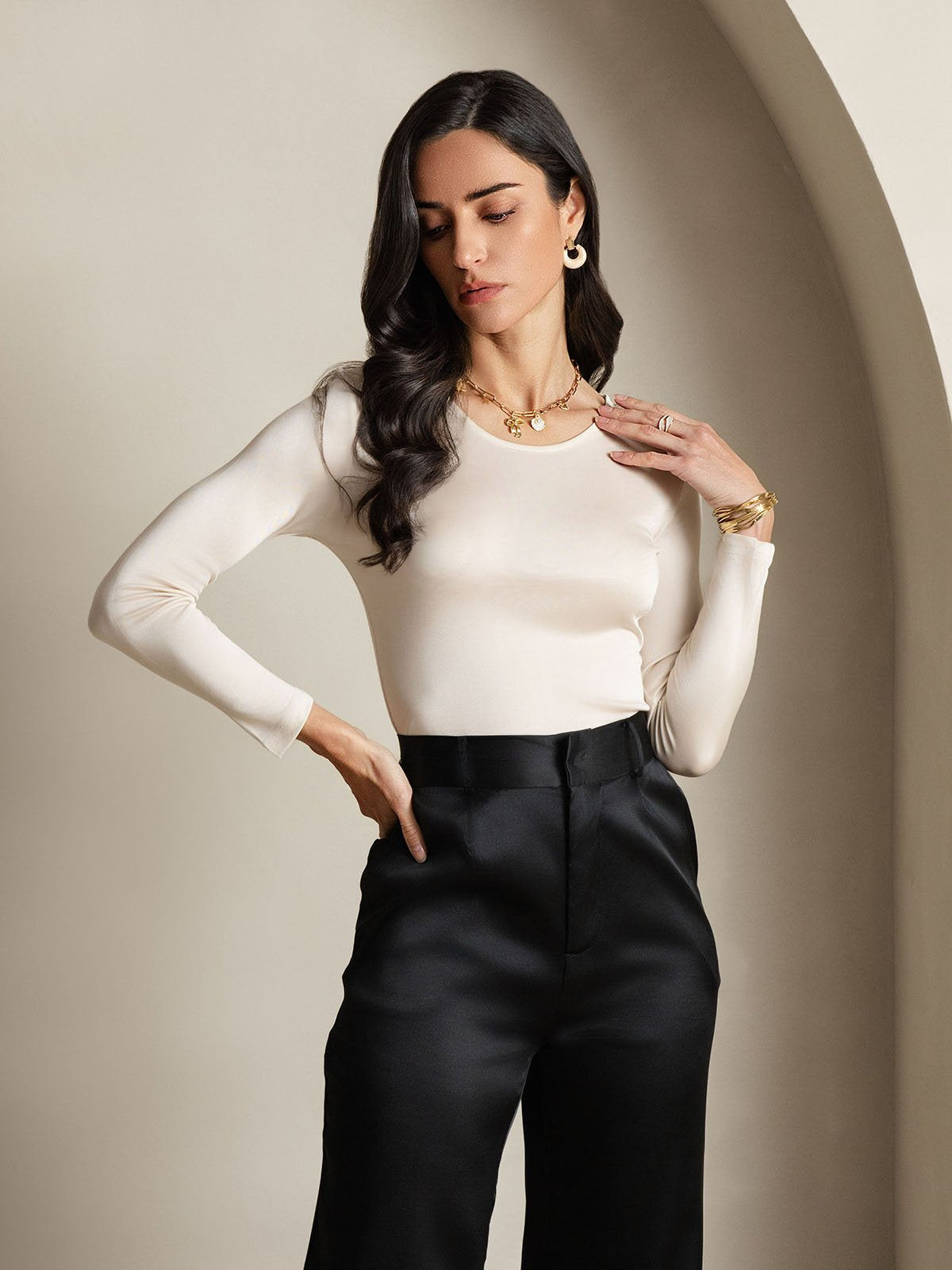 Mélange De Soie Col Rond Manches Longues T-Shirt