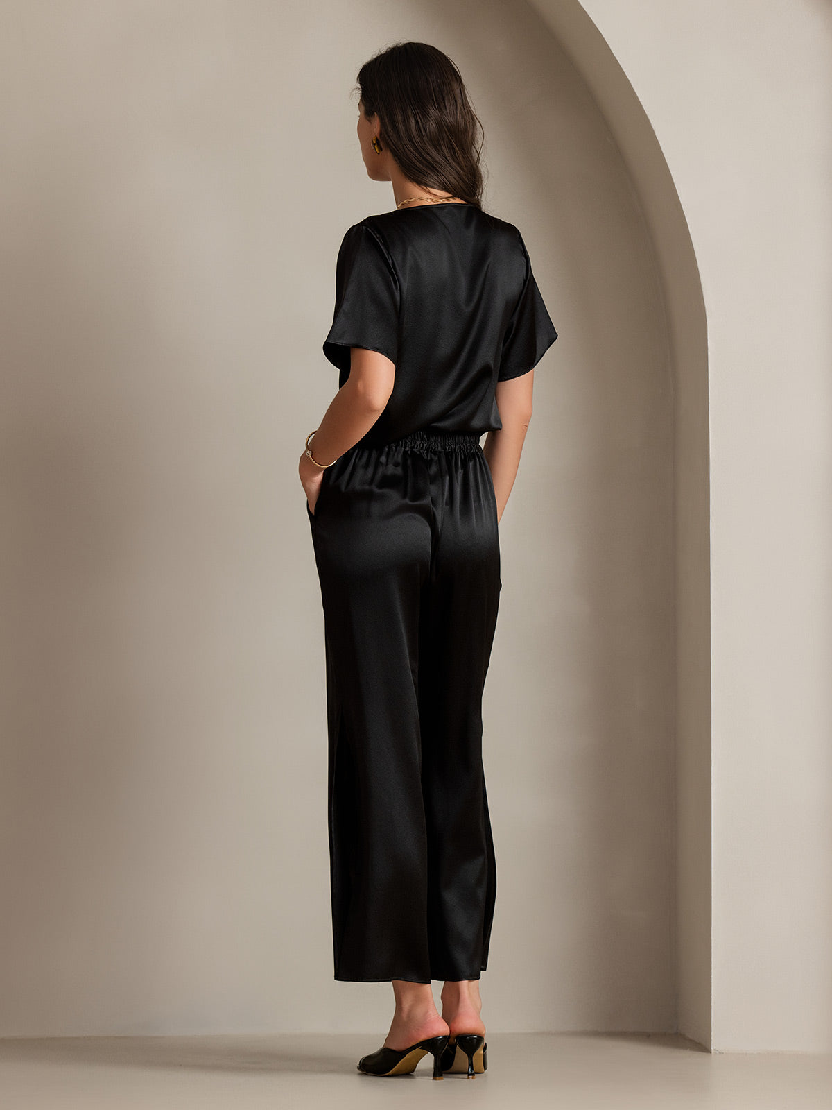 19Momme T-shirt court à col bénitier en soie décontracté