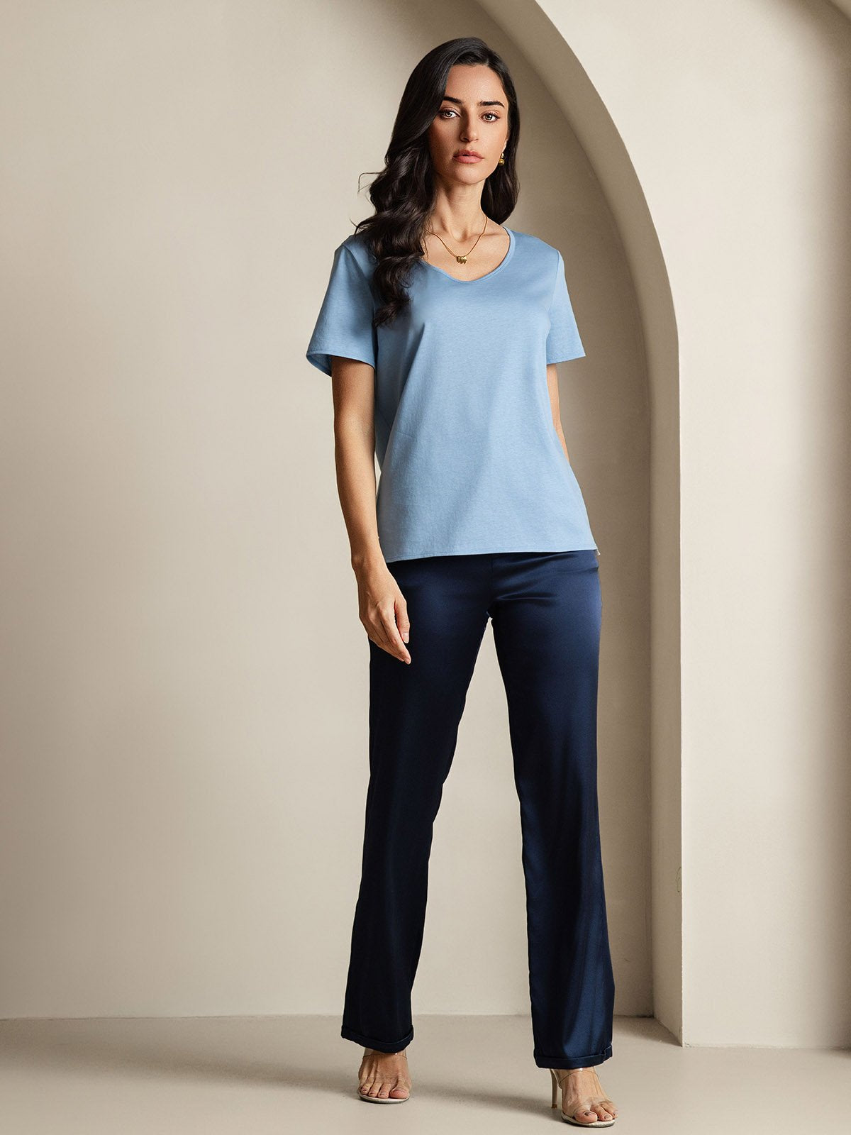 Mélange De Soie T-shirt Femme Col V