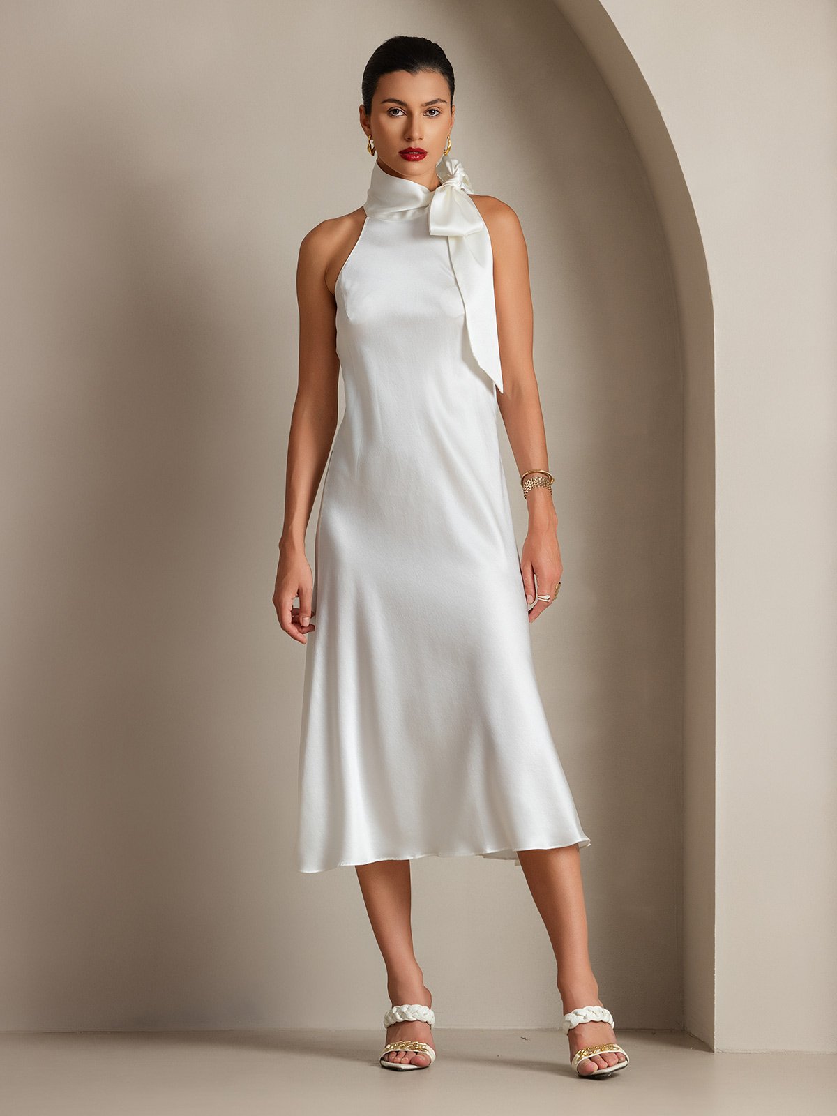 19Momme Soie Nouer Col Maxi Robe