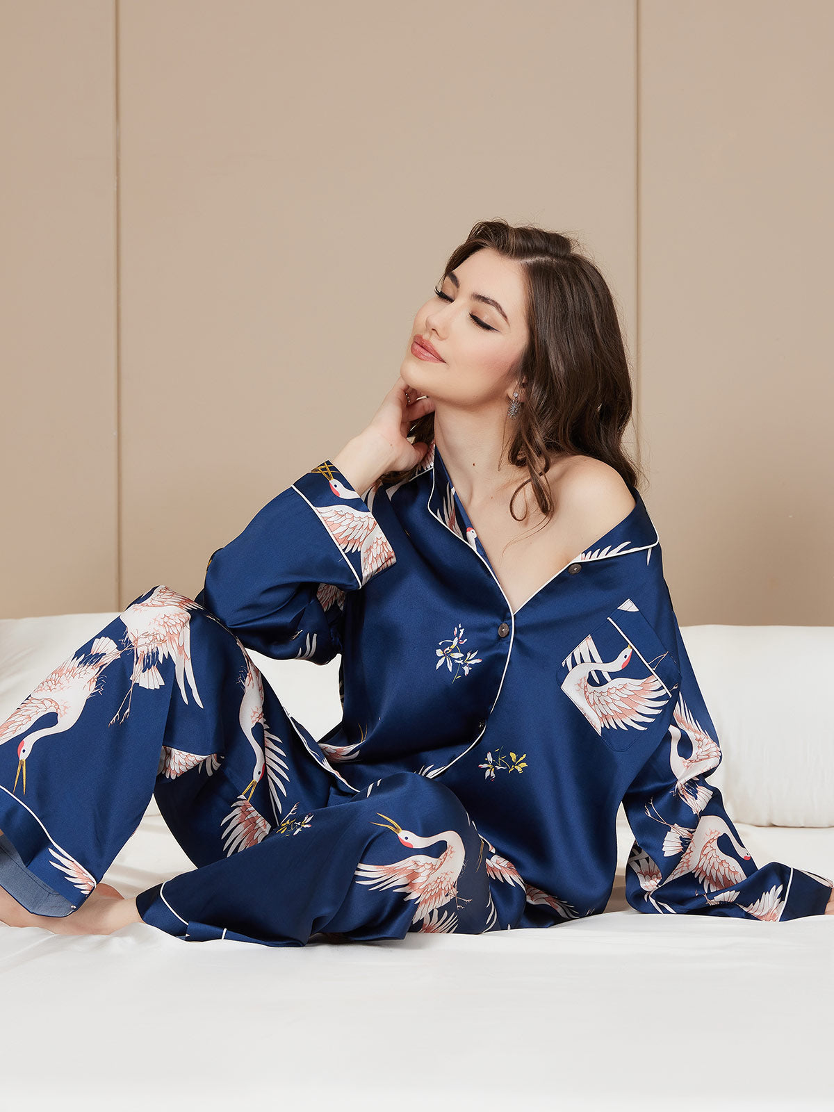 19Momme Ensemble Pyjama Long en Soie avec Imprimé Crane pour Femme