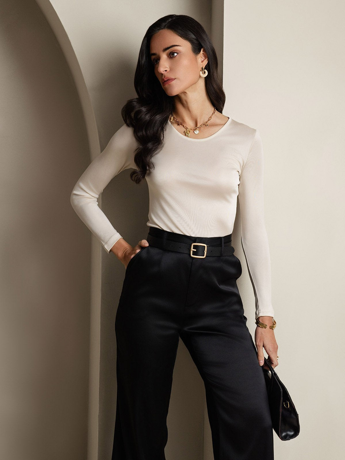 Mélange De Soie Col Rond Manches Longues T-Shirt