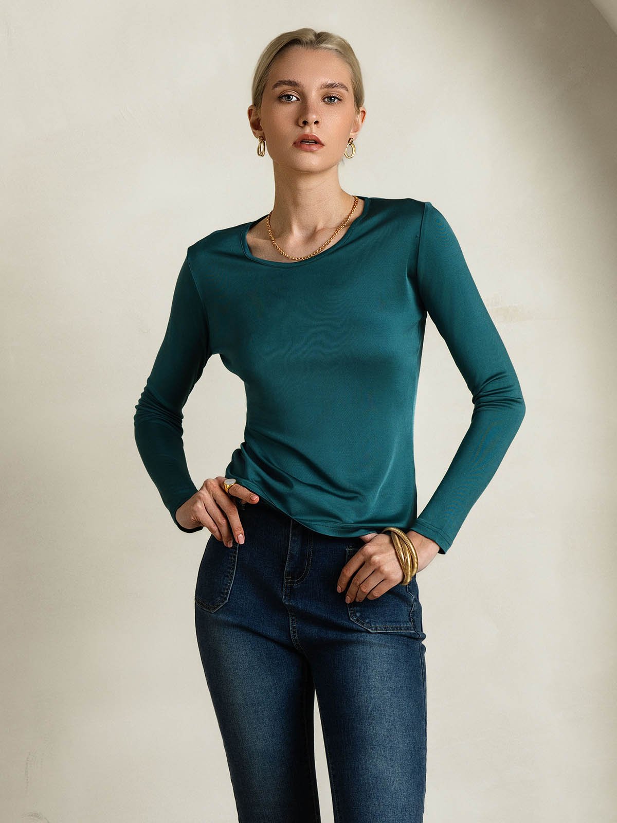 Mélange De Soie Col Rond Manches Longues T-Shirt