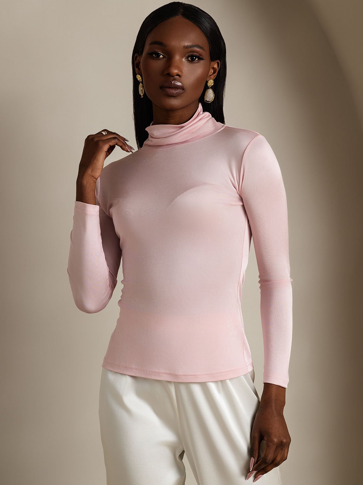 Haut à col montant en mélange de soie à manches longues T-shirt