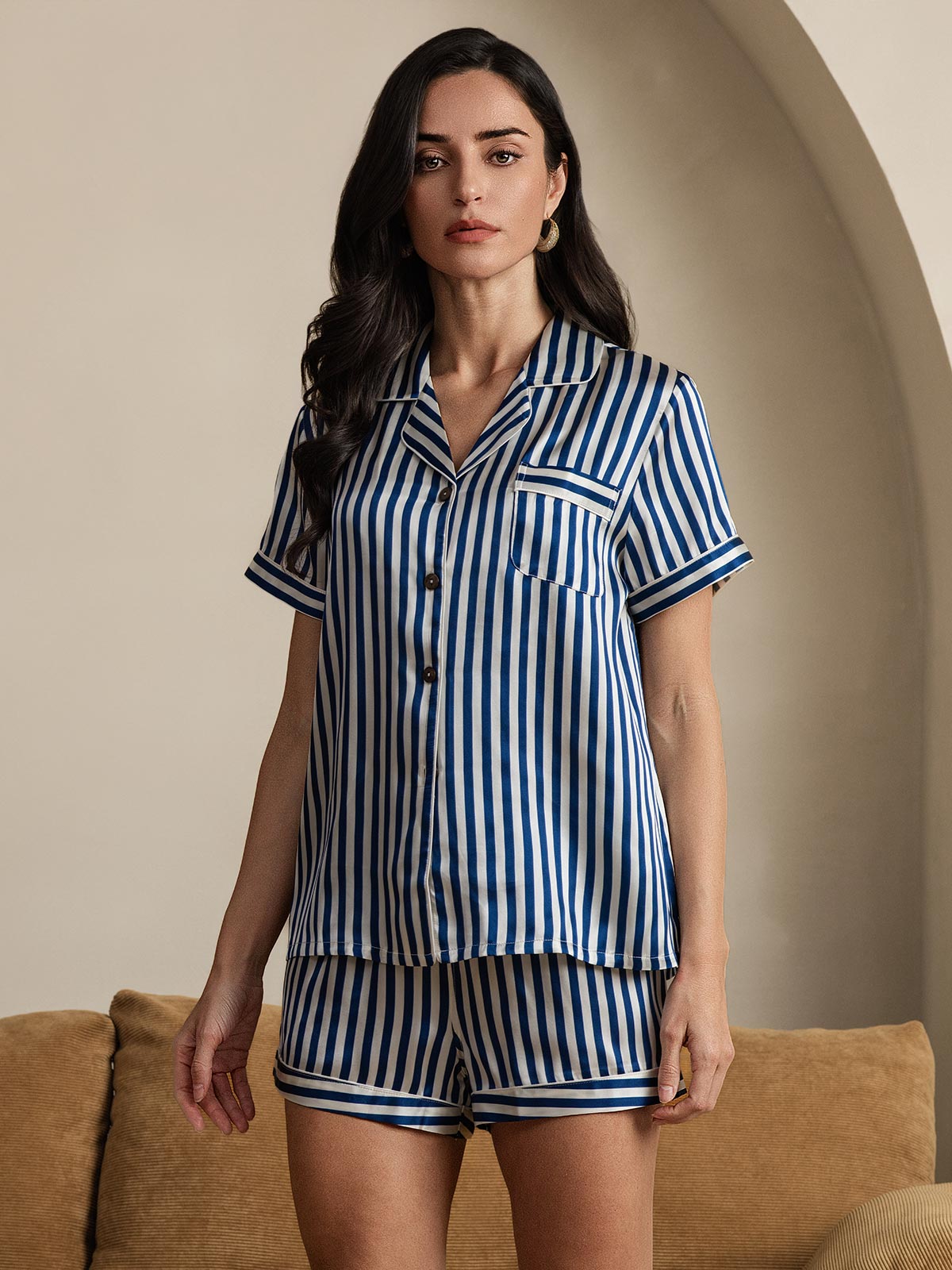 Femme Pyjamas Pure Soie Motif à Rayures Manches Courtes