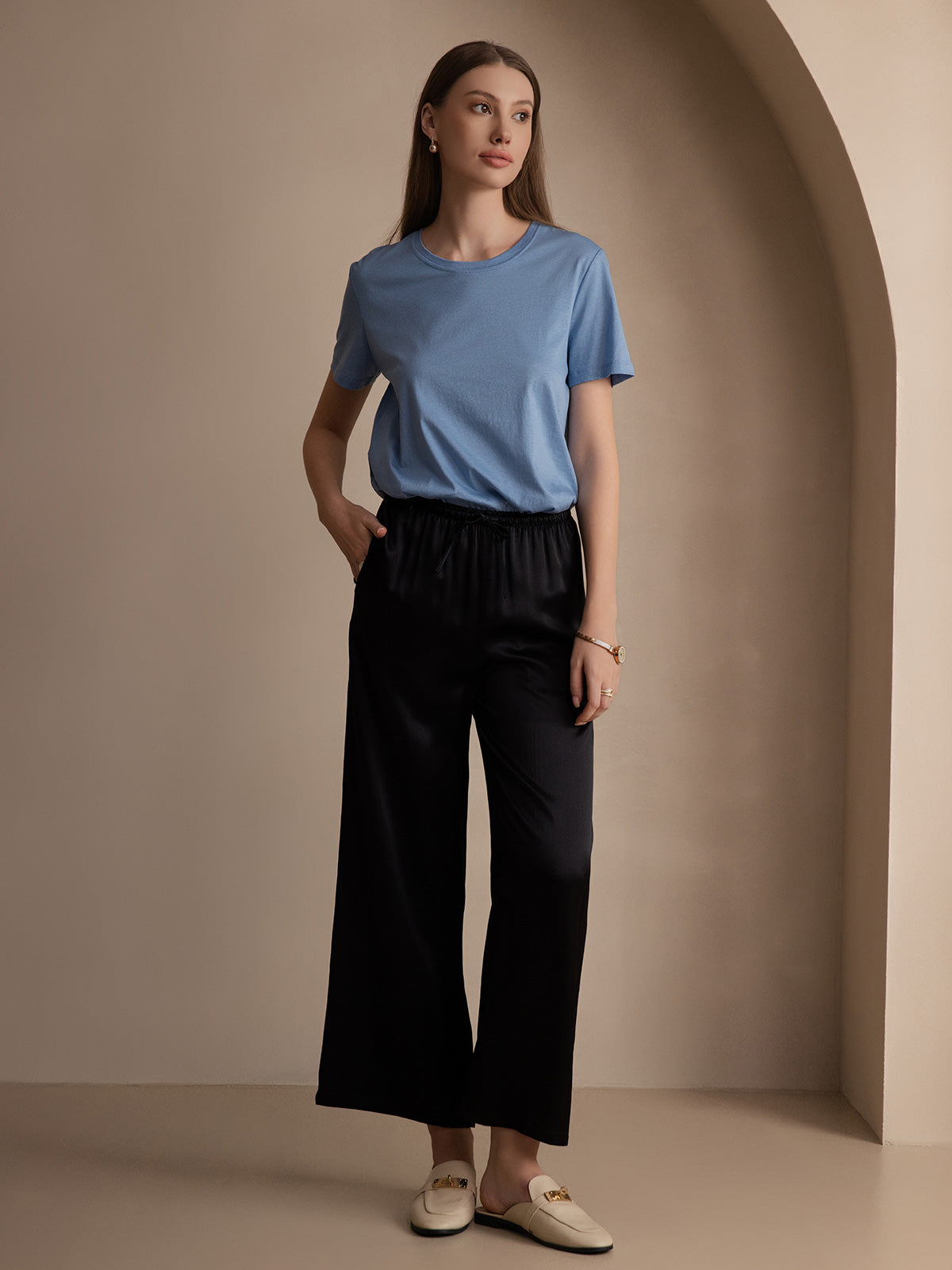 Soie Tricoté Basique Col Rond T-Shirt