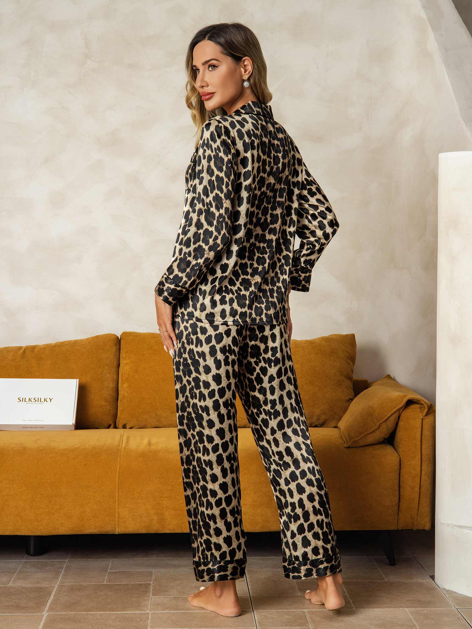 Pure Soie Léopard Imprimé Longues Manches Pantalon Pyjama