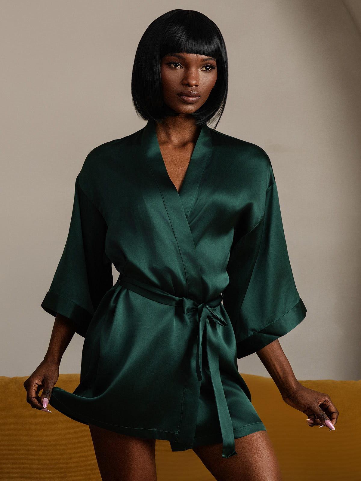 Kimono Peignoir Courte En Soie Pure Brillante Pour Femme