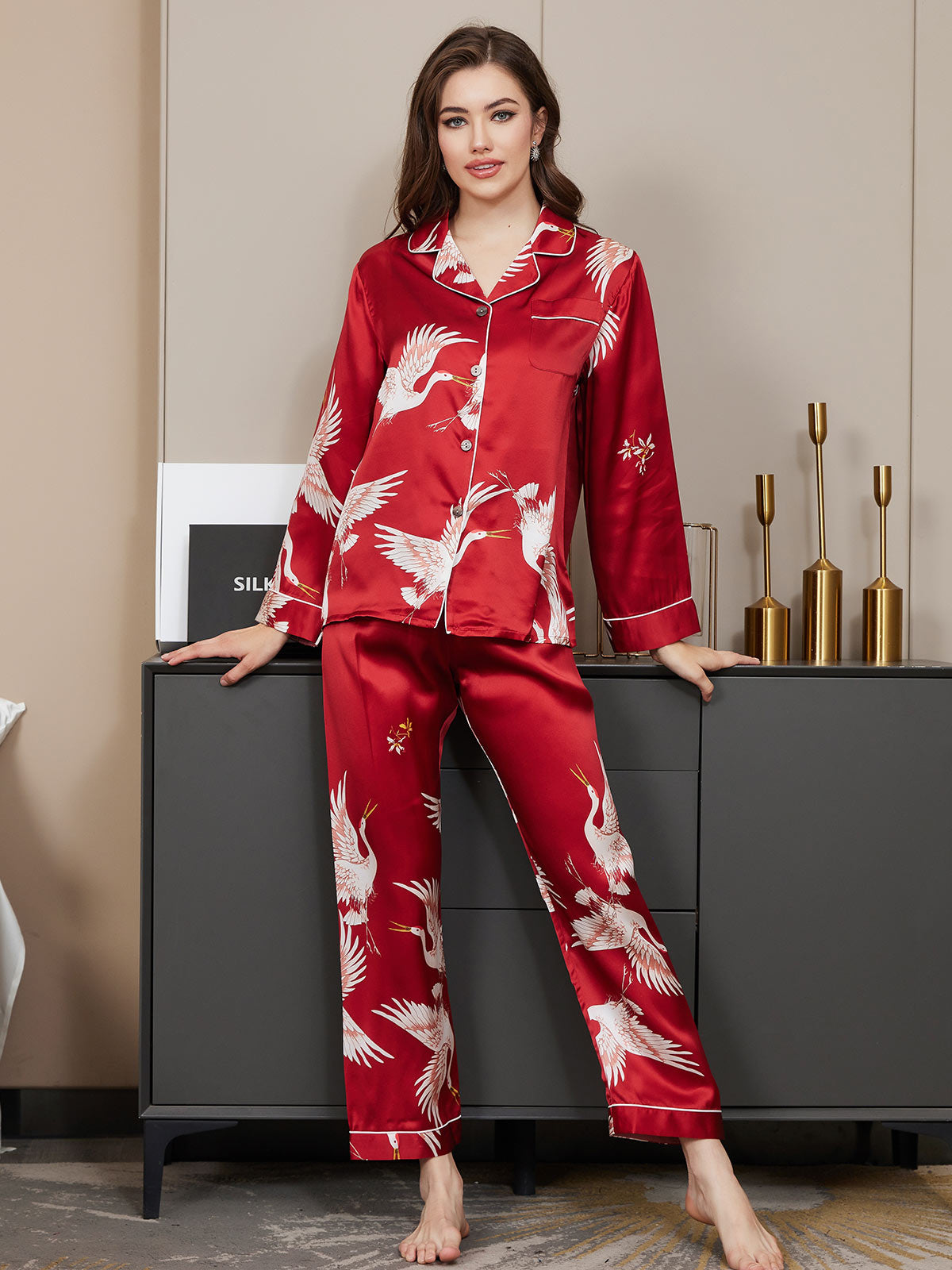 19Momme Ensemble Pyjama Long en Soie avec Imprimé Crane pour Femme