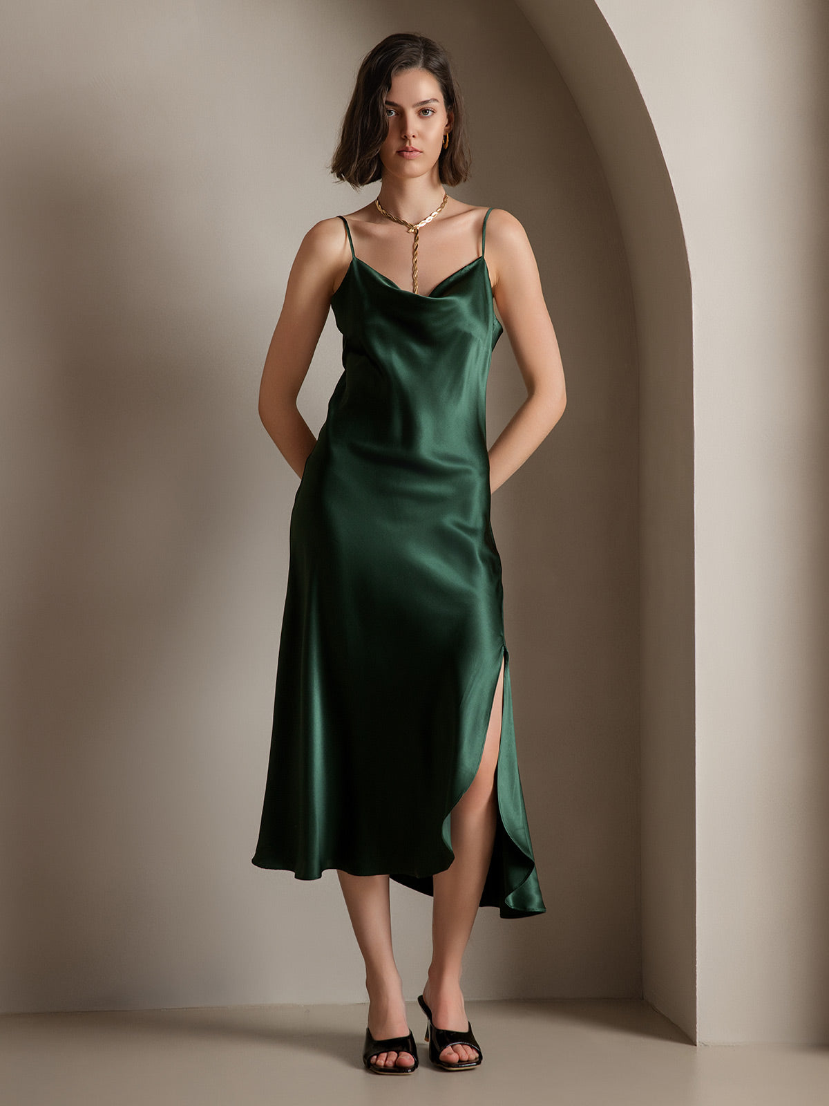 Pure Soie Bretelles Spaghetti Fente Longue Robe