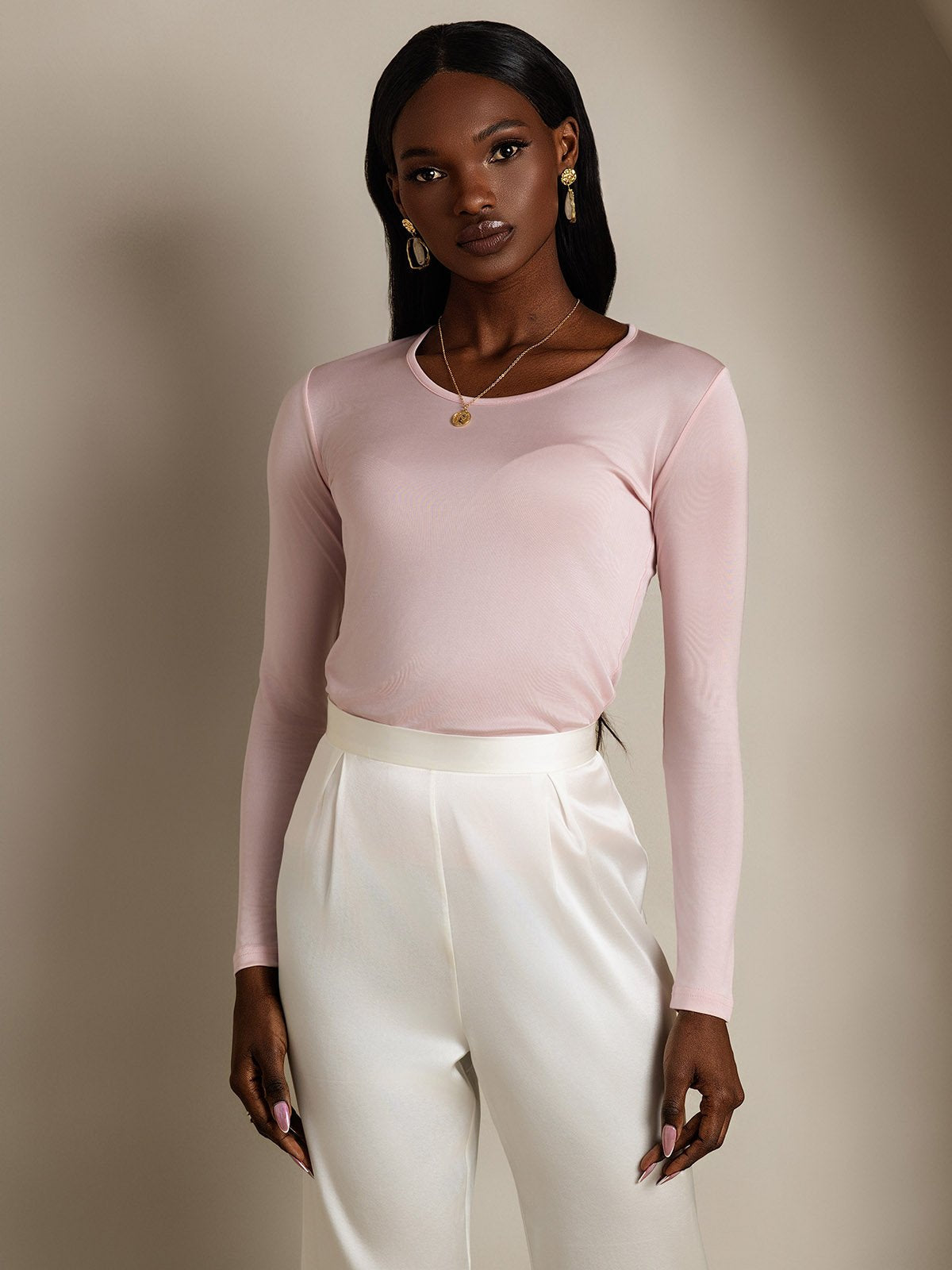 Mélange De Soie Col Rond Manches Longues T-Shirt