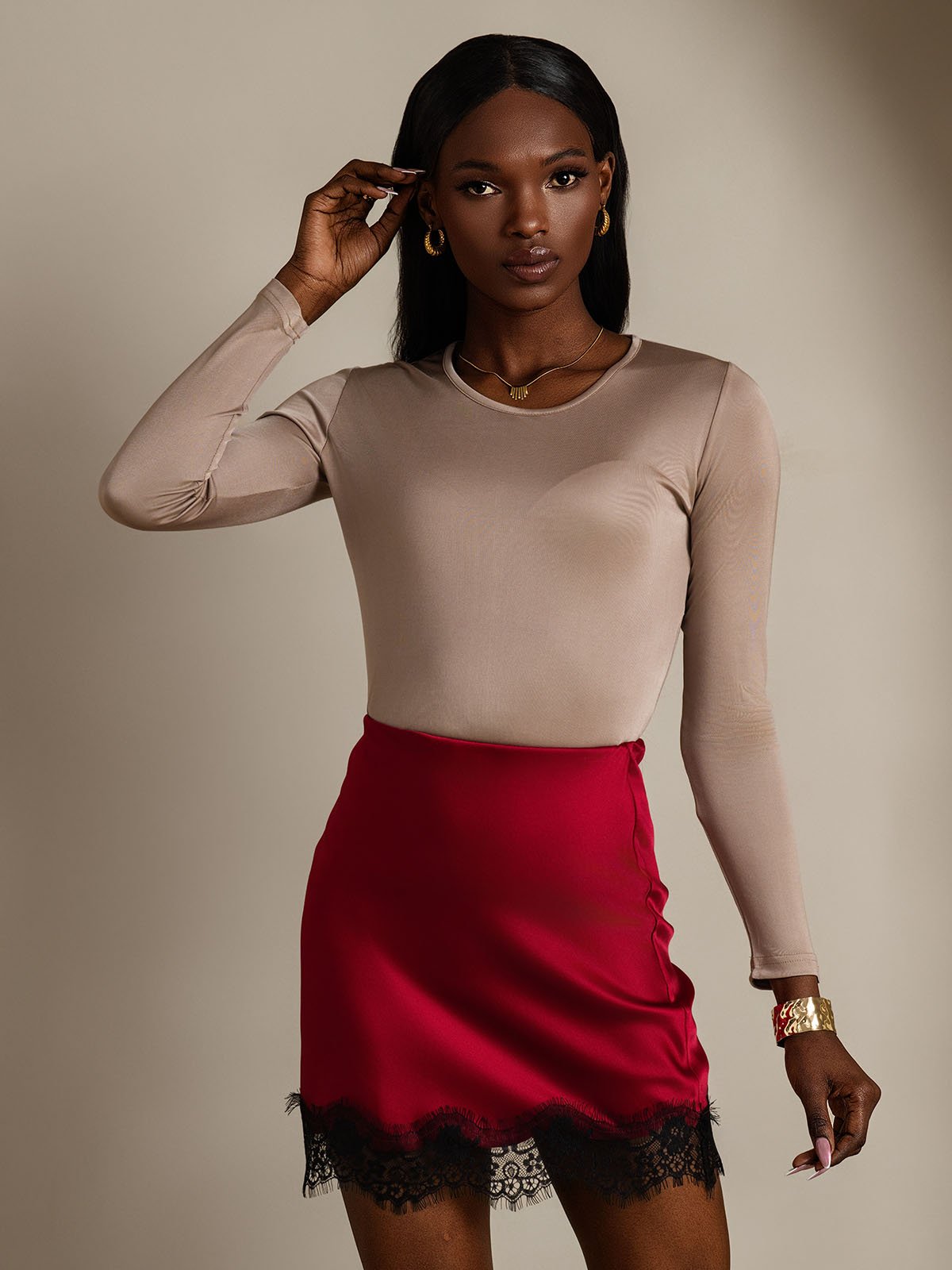 Mélange De Soie Col Rond Manches Longues T-Shirt