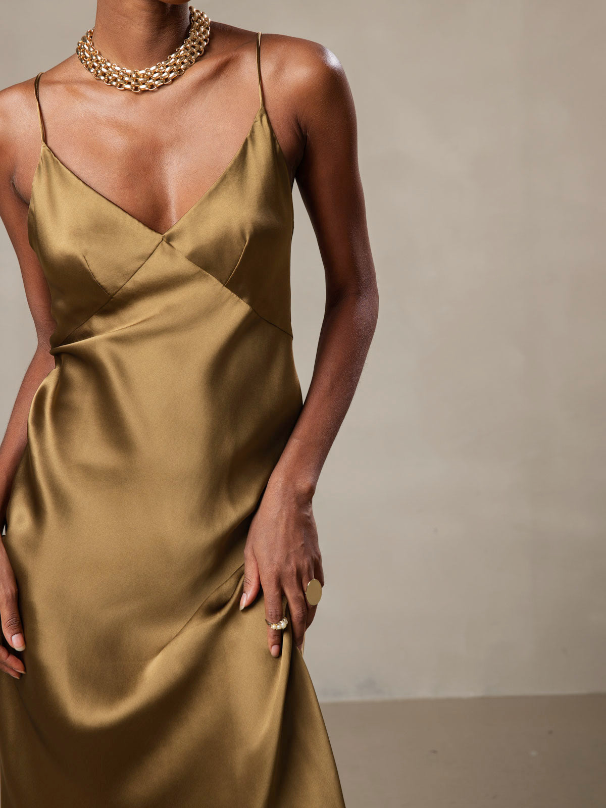 Pure Soie Col V Profond Sans Dos Longue Glisser Robe