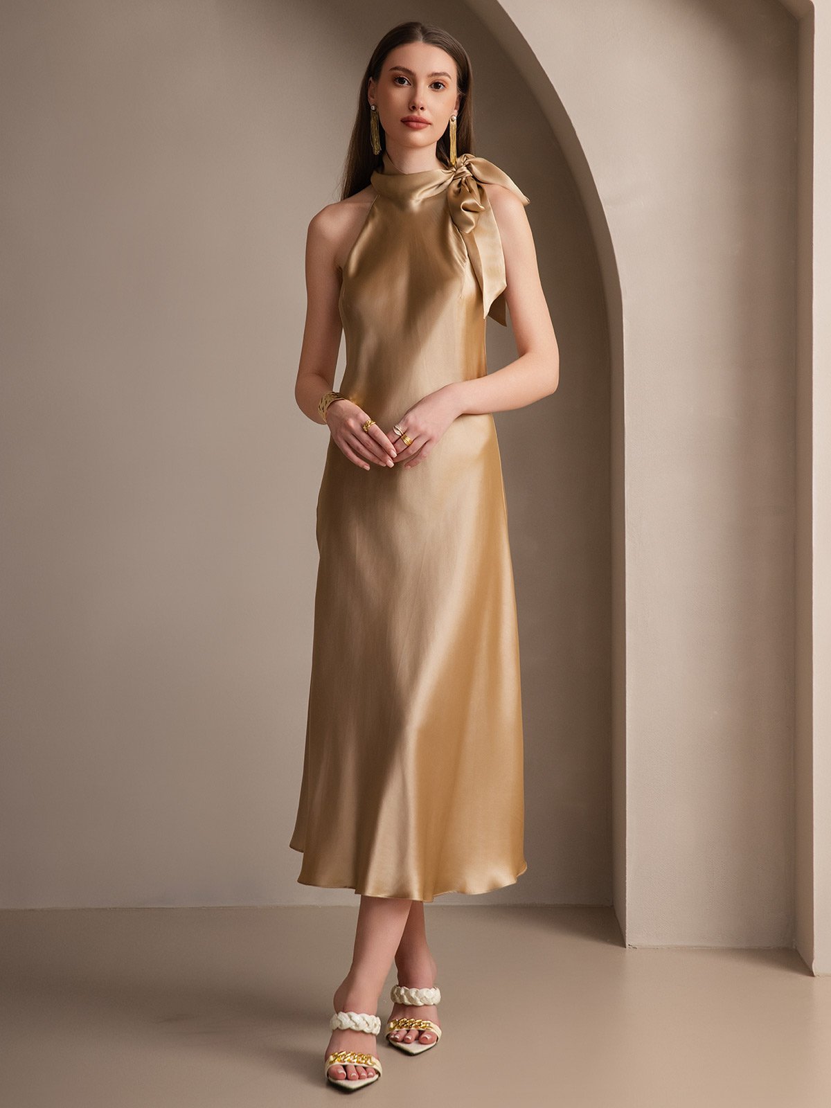 19Momme Soie Nouer Col Maxi Robe