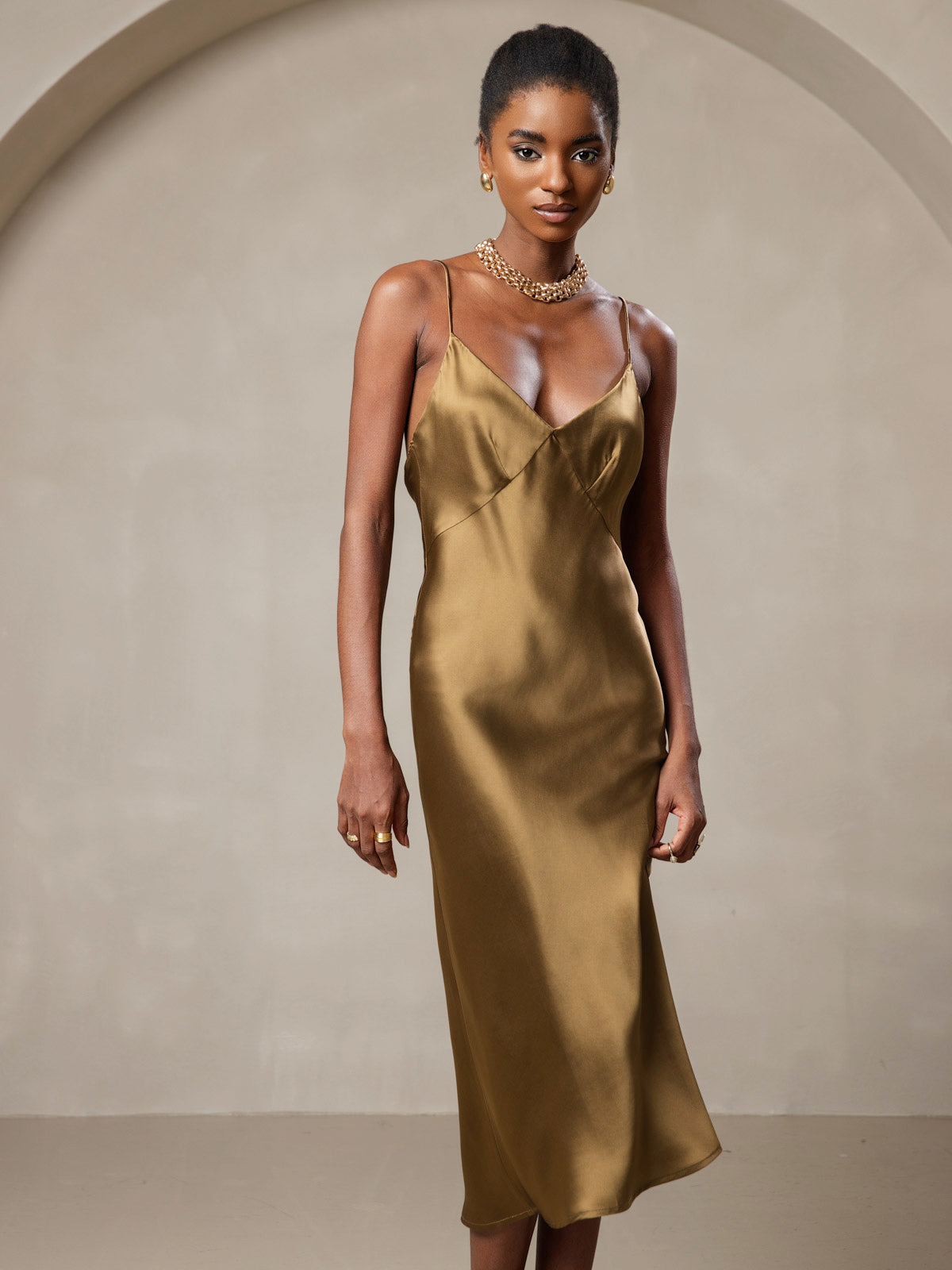 Pure Soie Col V Profond Sans Dos Longue Glisser Robe