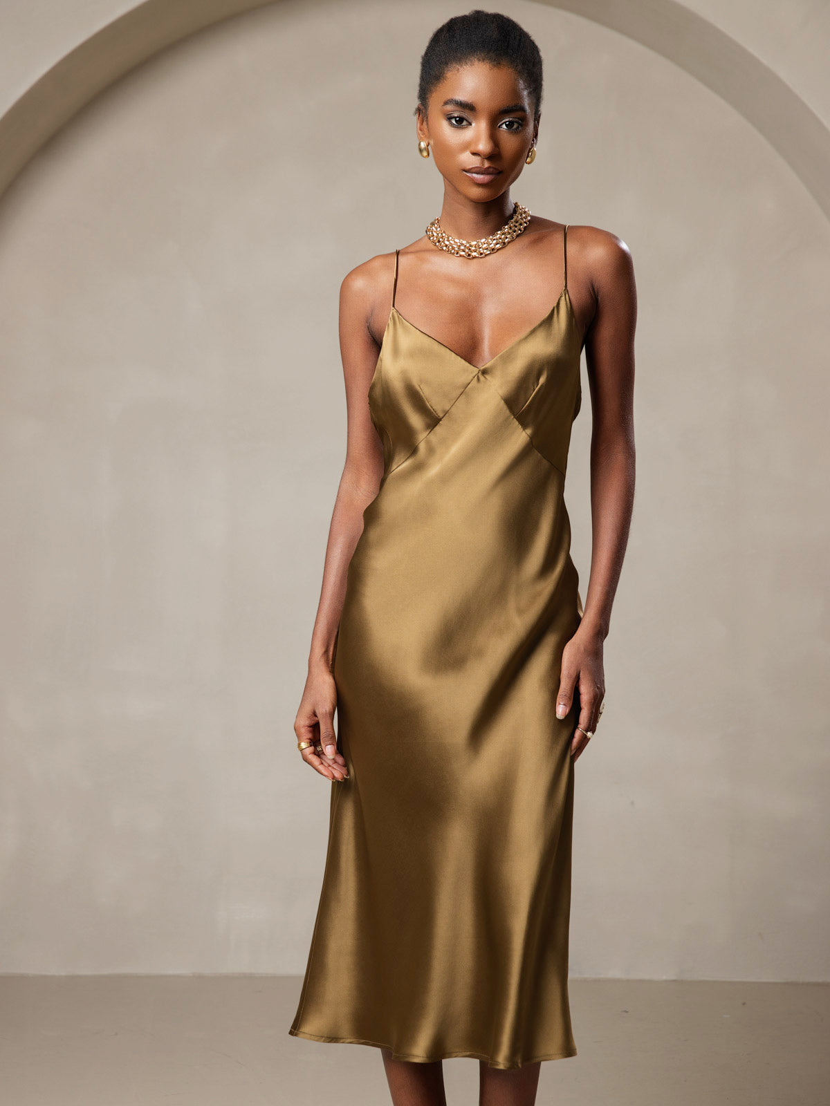 Pure Soie Col V Profond Sans Dos Longue Glisser Robe