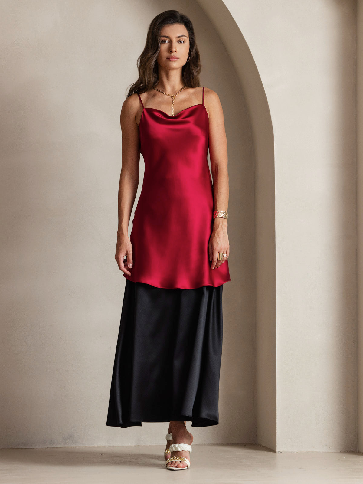 Pure Soie Bretelles Spaghetti Col Bénitier Courte Robe