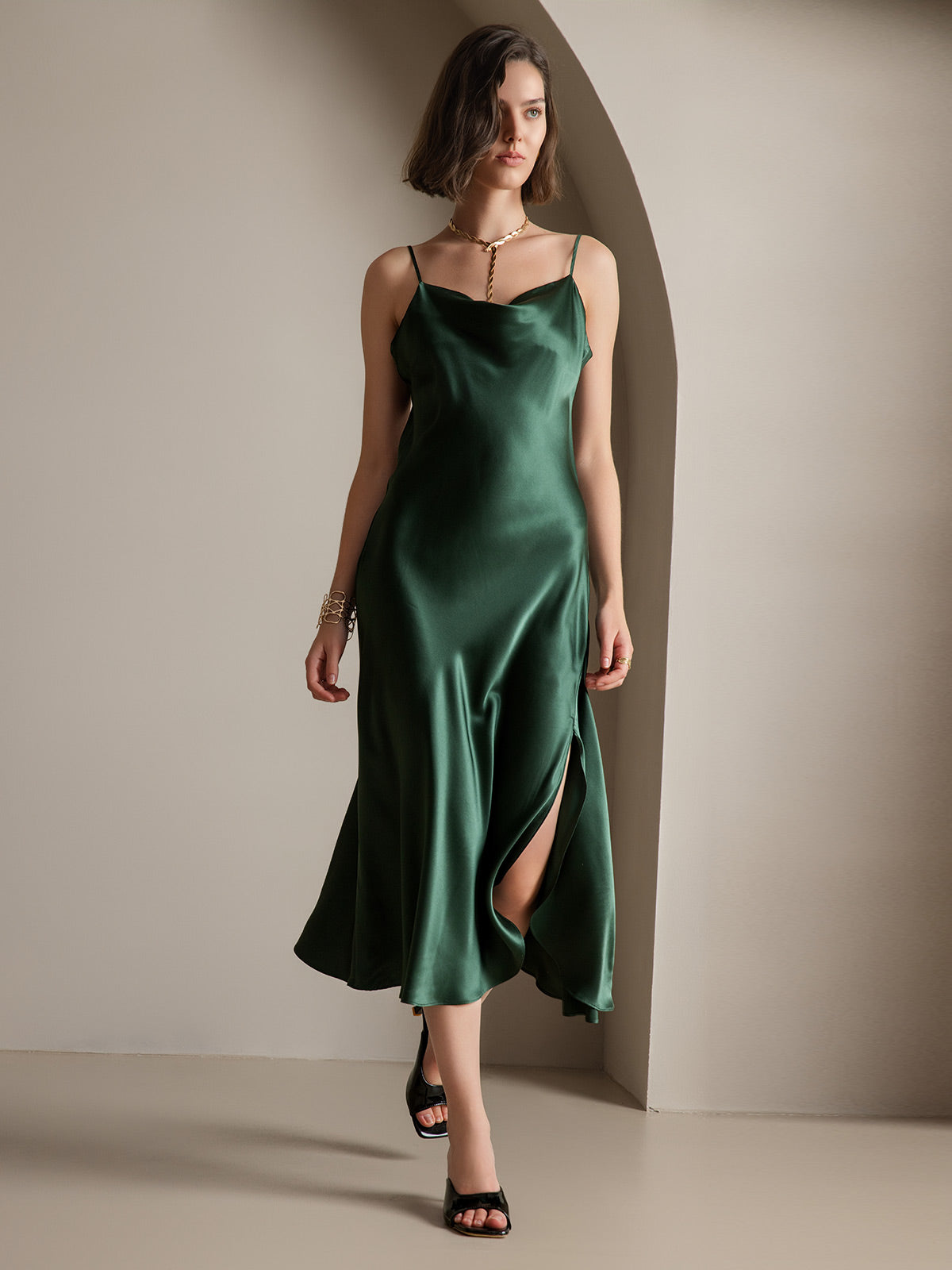 Pure Soie Bretelles Spaghetti Fente Longue Robe