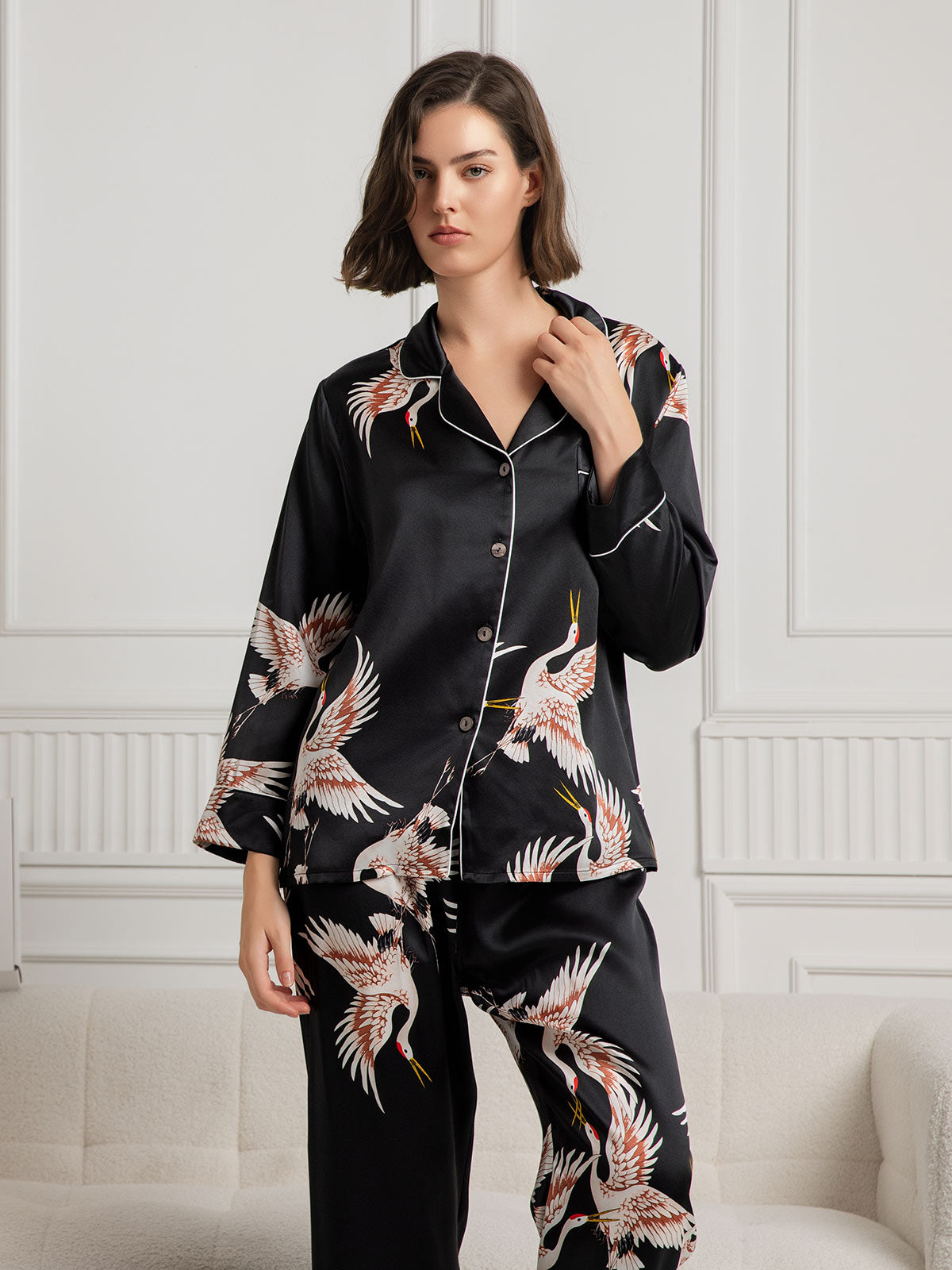 19Momme Ensemble Pyjama Long en Soie avec Imprimé Crane pour Femme