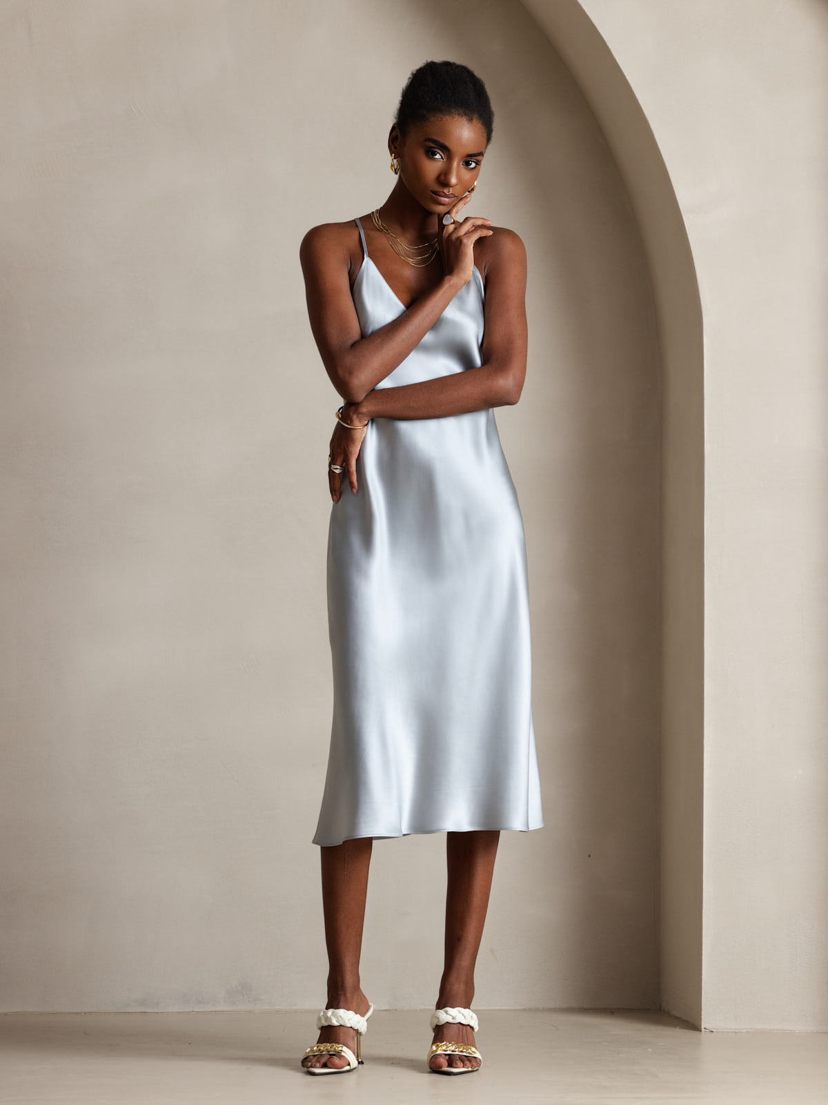 Pure Soie Bretelles Spaghetti dos Croisé Robe