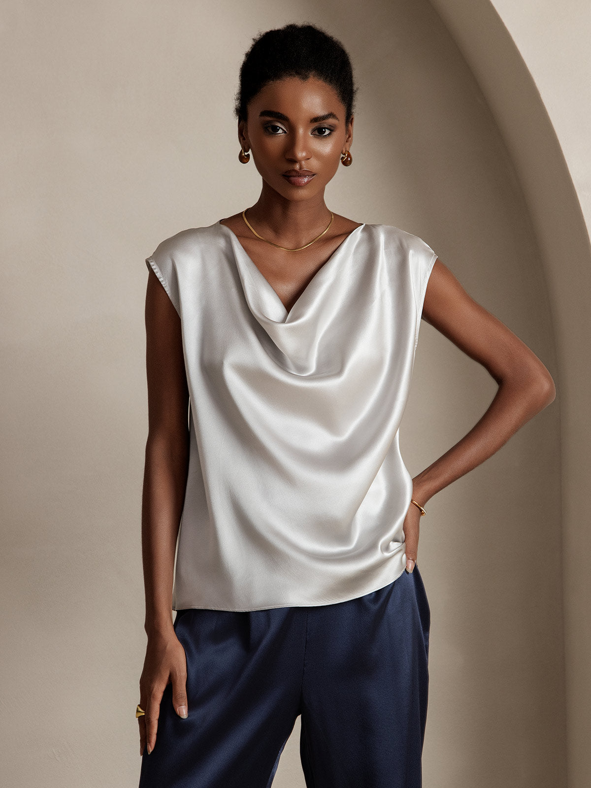 19Momme Soie Capuchons Manches Col Cowl Débardeur/Blouse