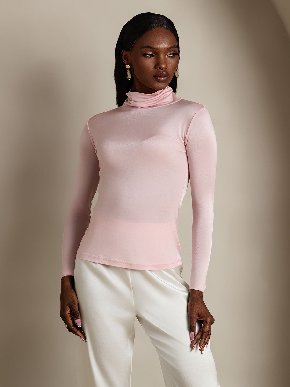 Haut à col montant en mélange de soie à manches longues T-shirt