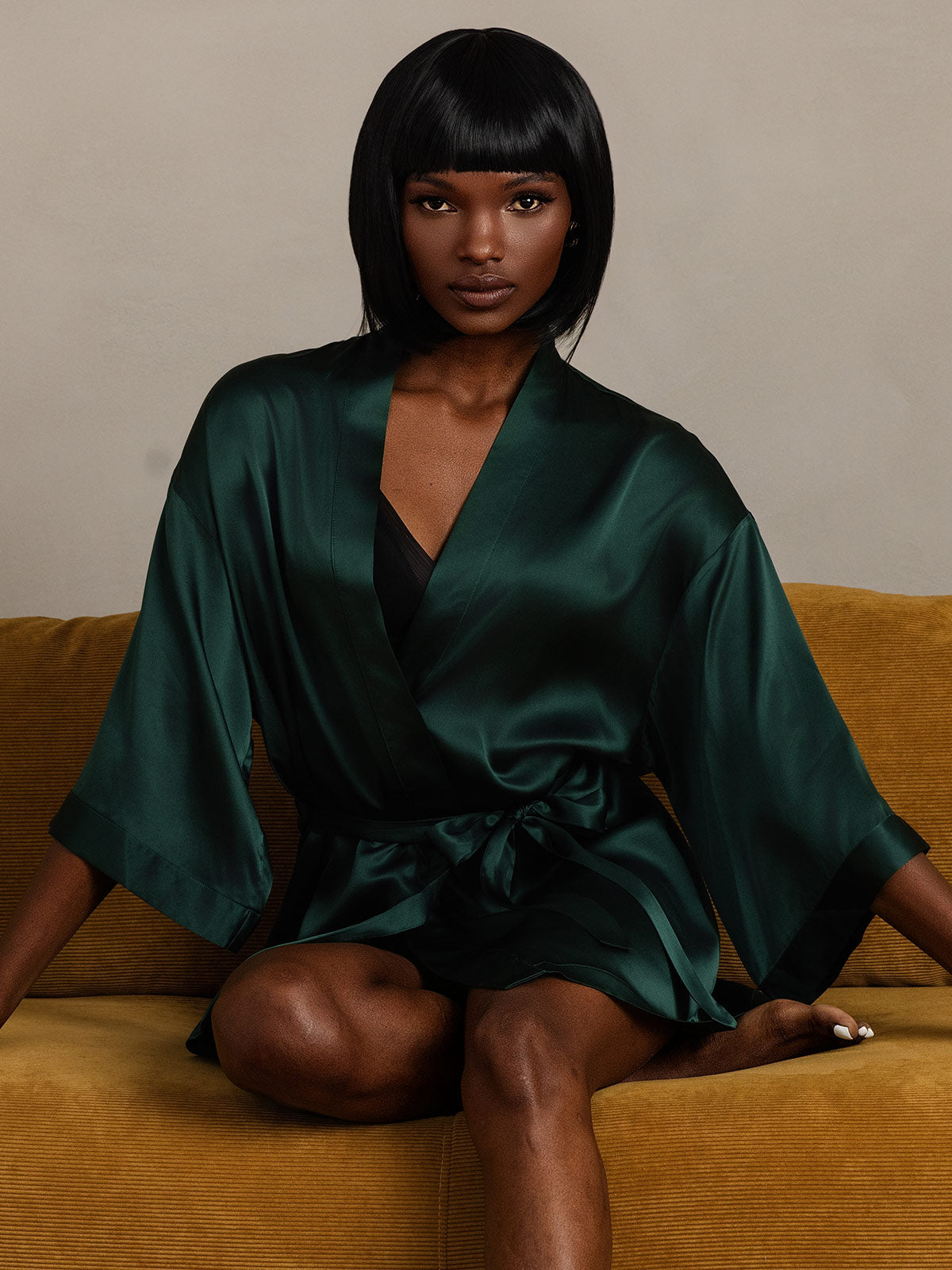 Kimono Peignoir Courte En Soie Pure Brillante Pour Femme