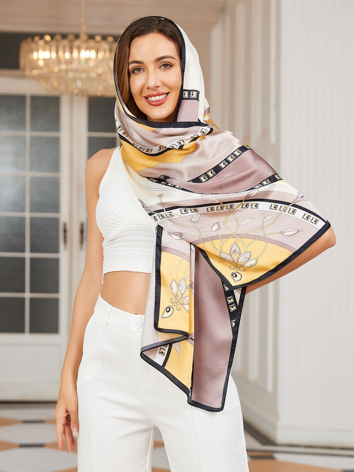 Foulard Châle Long Rectangulaire 100% Soie de Mûrier Imprimé 170x53cm