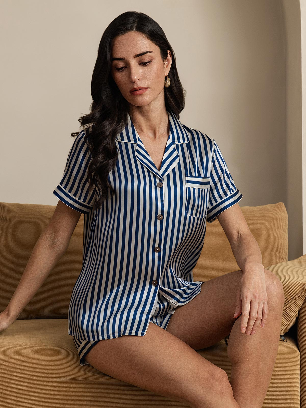 Femme Pyjamas Pure Soie Motif à Rayures Manches Courtes