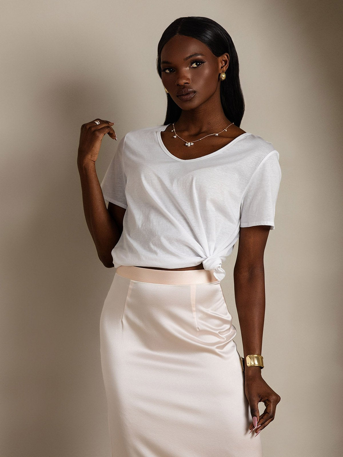 Mélange De Soie T-shirt Femme Col V