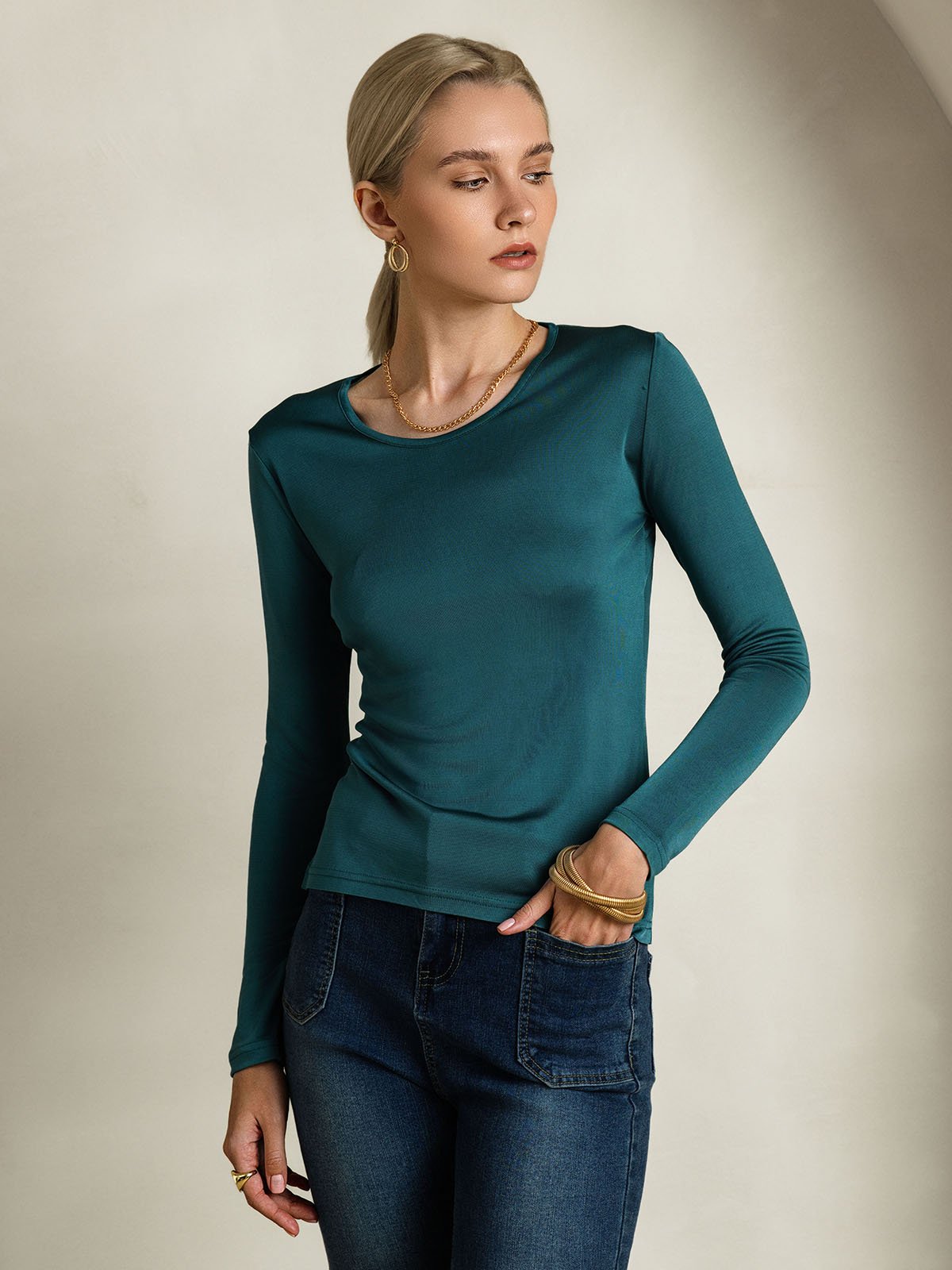 Mélange De Soie Col Rond Manches Longues T-Shirt