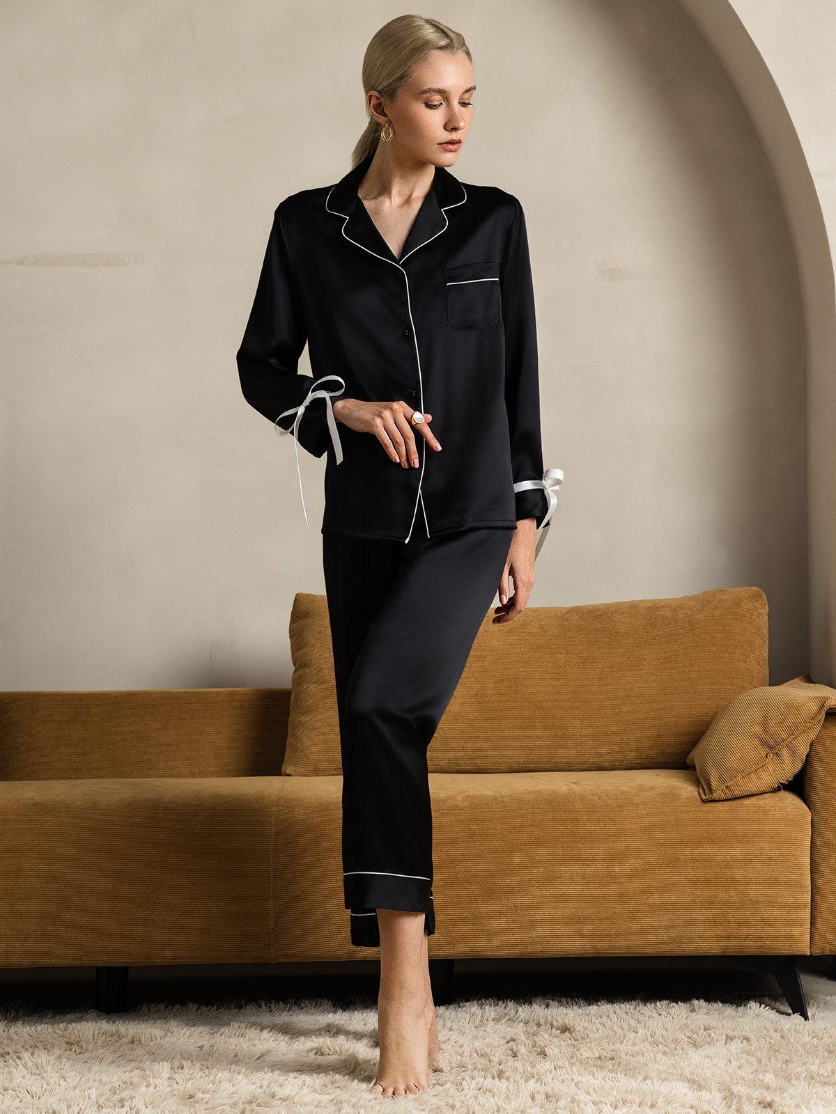 Pure Soie Longues Manches Pantalon Pyjama Set