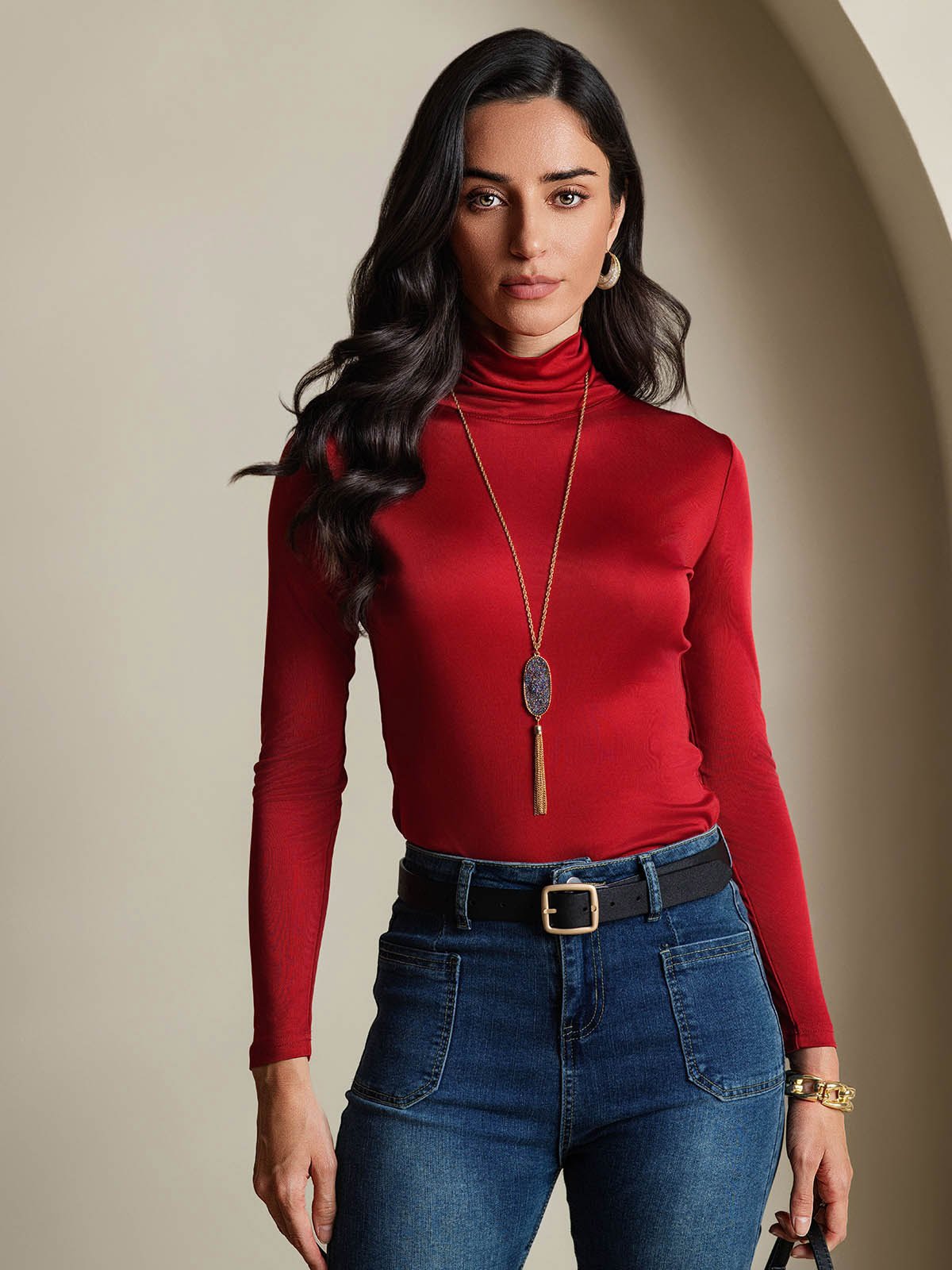 Haut à col montant en mélange de soie à manches longues T-shirt