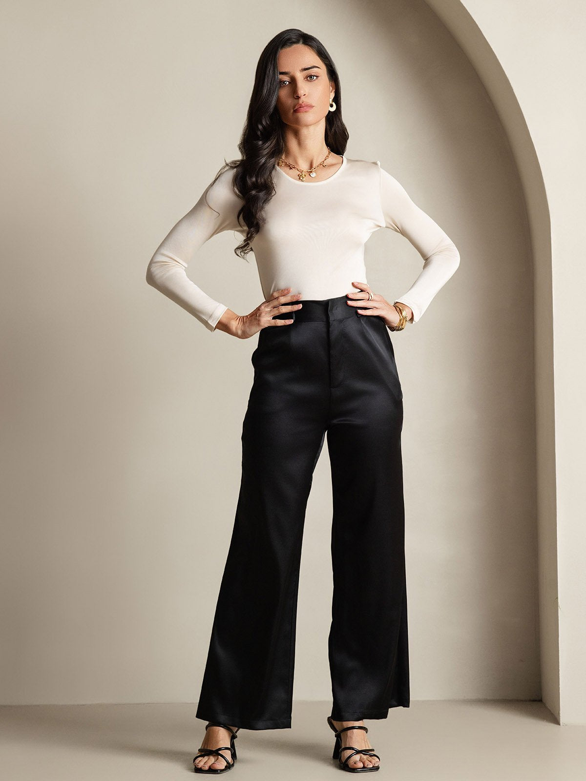 Mélange De Soie Col Rond Manches Longues T-Shirt