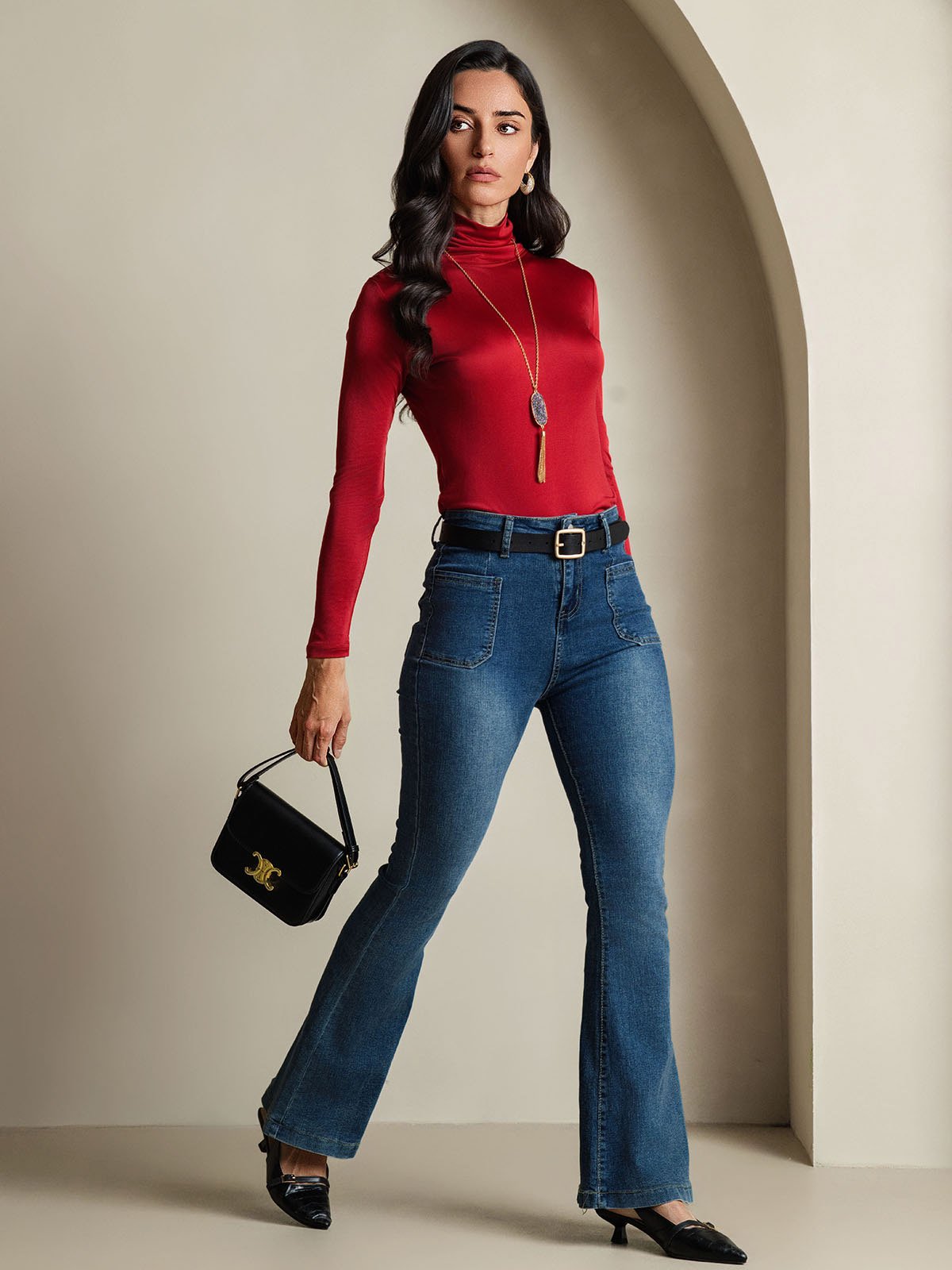 Haut à col montant en mélange de soie à manches longues T-shirt