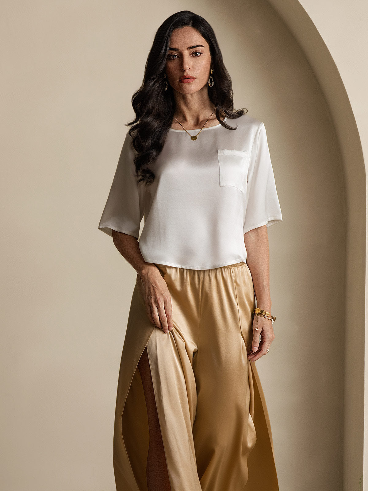 Femme T-Shirt Pure Soie Occasionnel Manches mi-longues