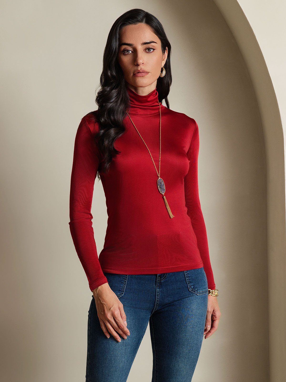 Haut à col montant en mélange de soie à manches longues T-shirt