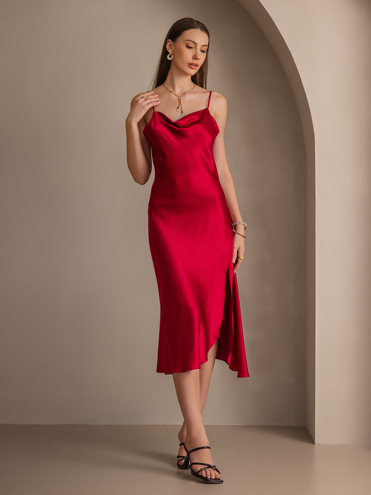 Pure Soie Bretelles Spaghetti Fente Longue Robe