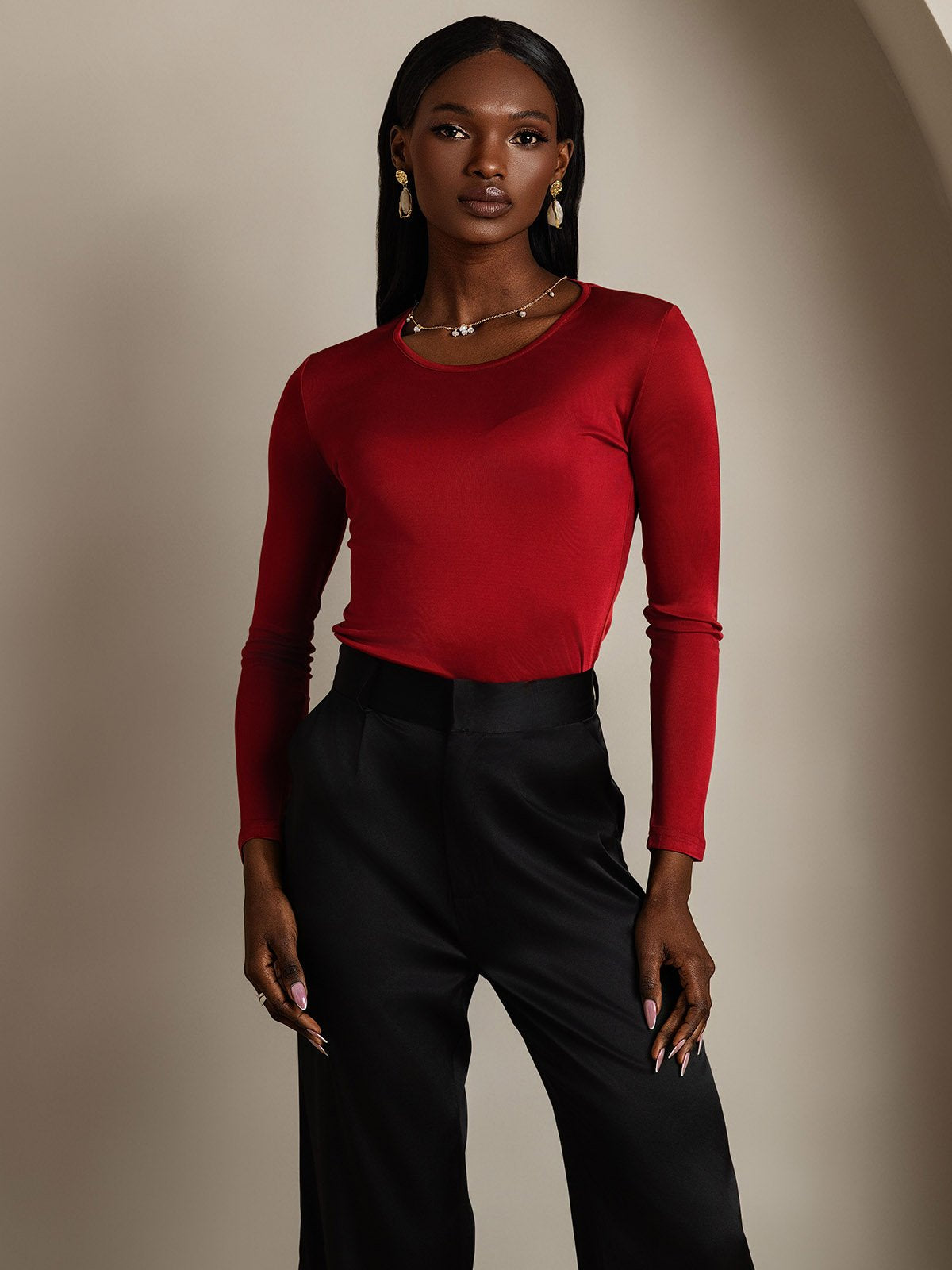 Mélange De Soie Col Rond Manches Longues T-Shirt