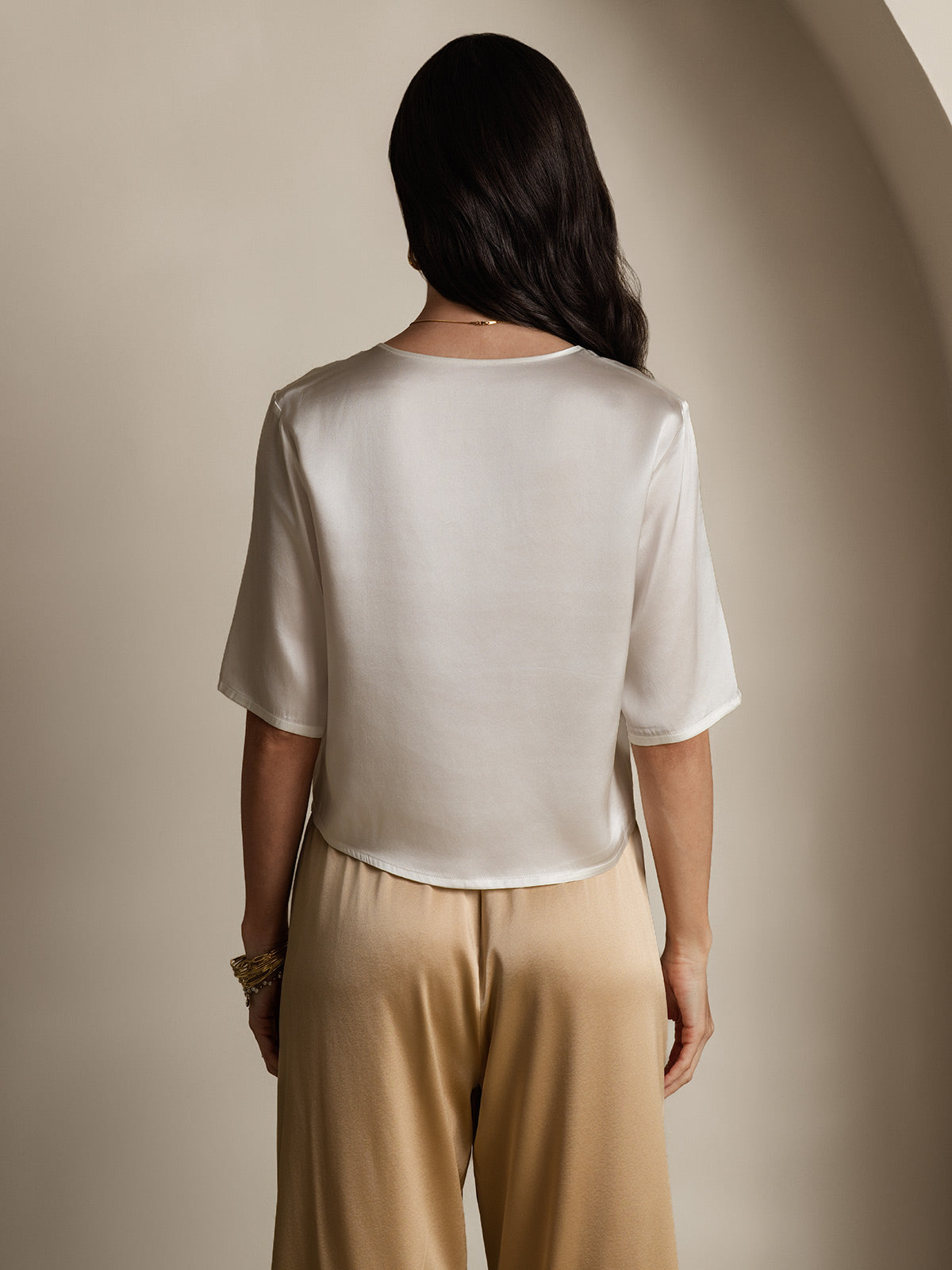 Femme T-Shirt Pure Soie Occasionnel Manches mi-longues