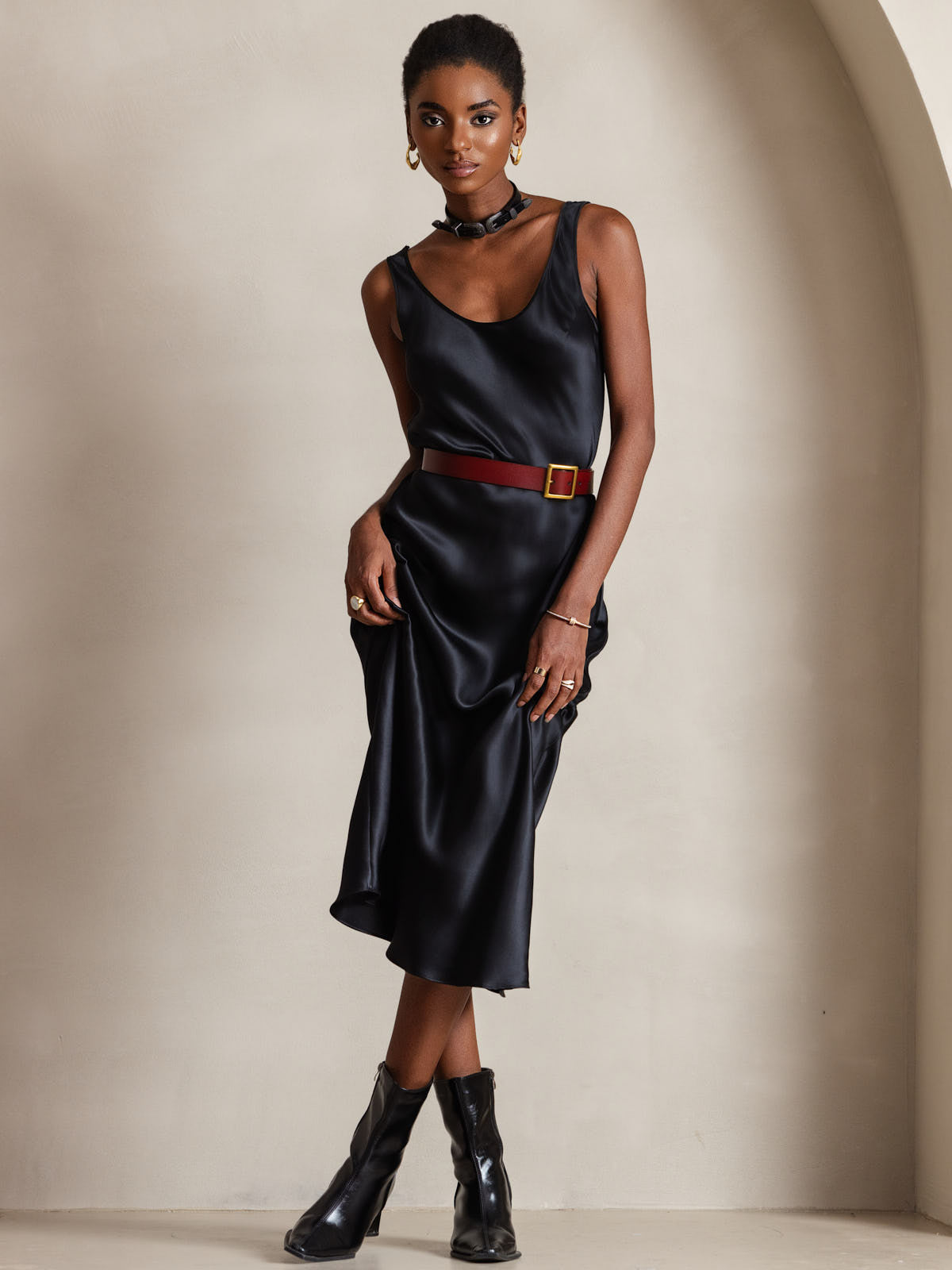 Pure Soie Sangle Larges Sans Manches Longue Robe